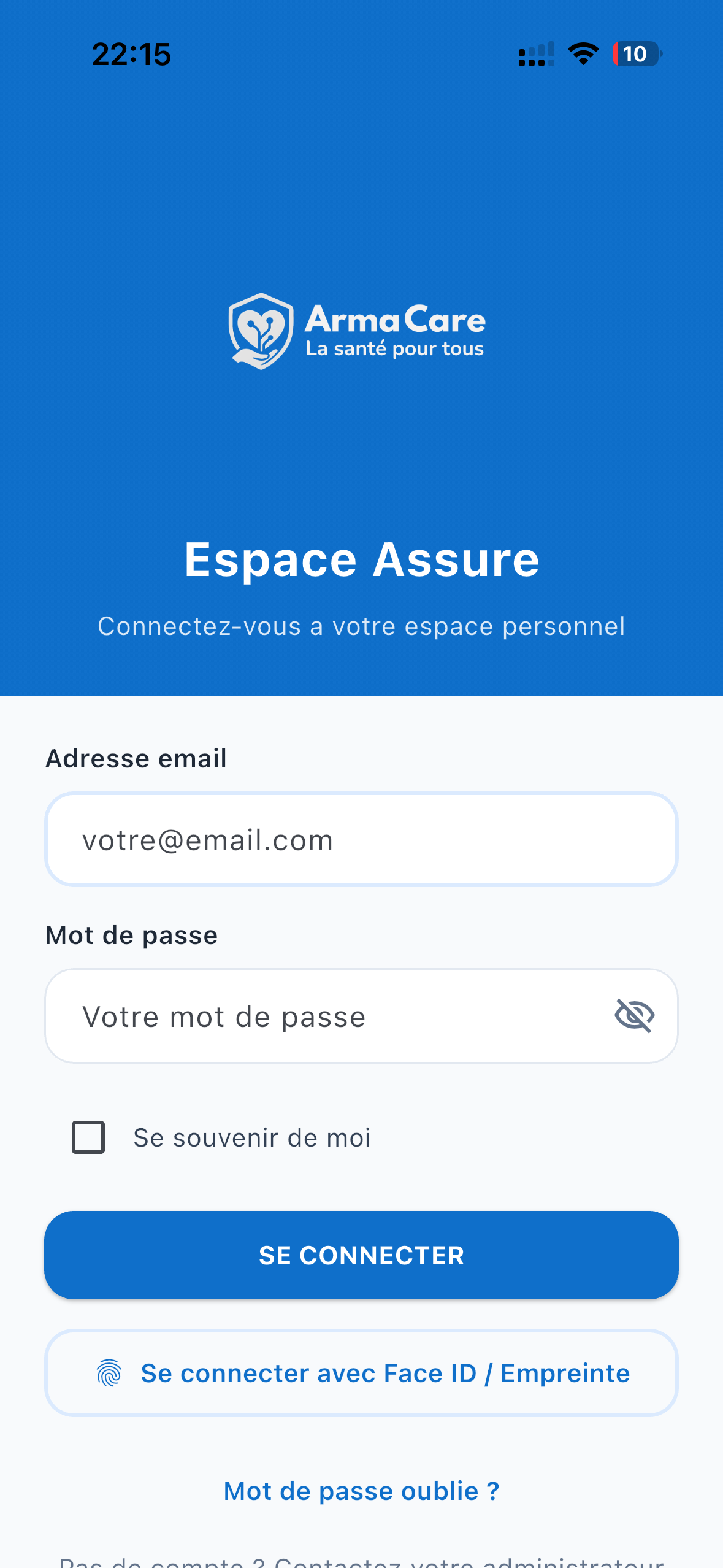 Écran de connexion de l’application Arma Care